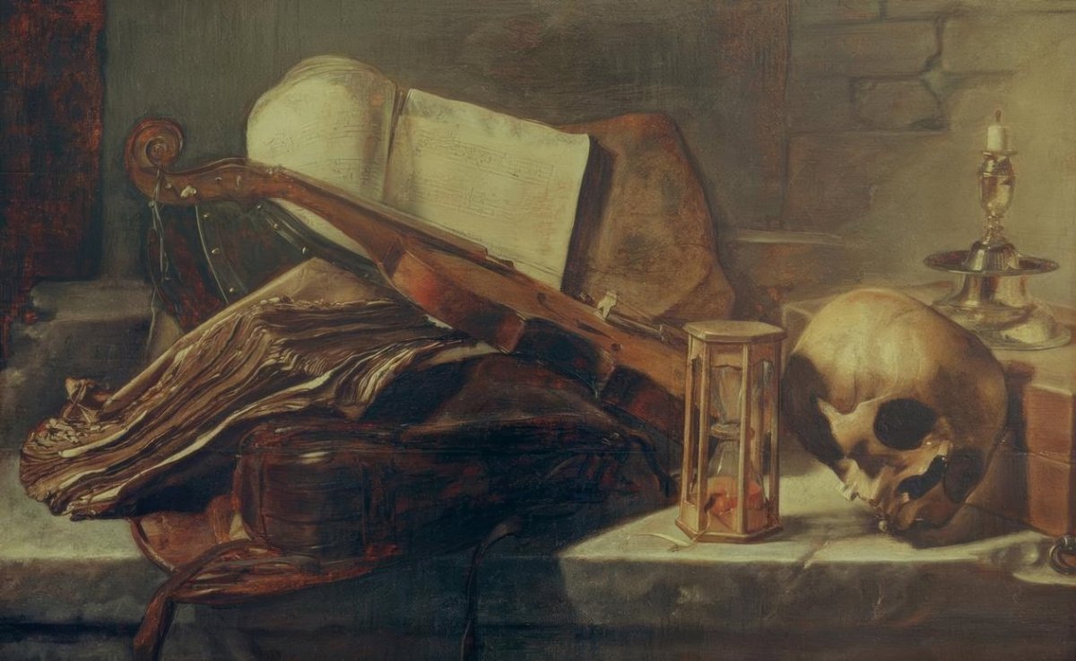 Nature morte avec livres, violon, crâne et sablier, 1627