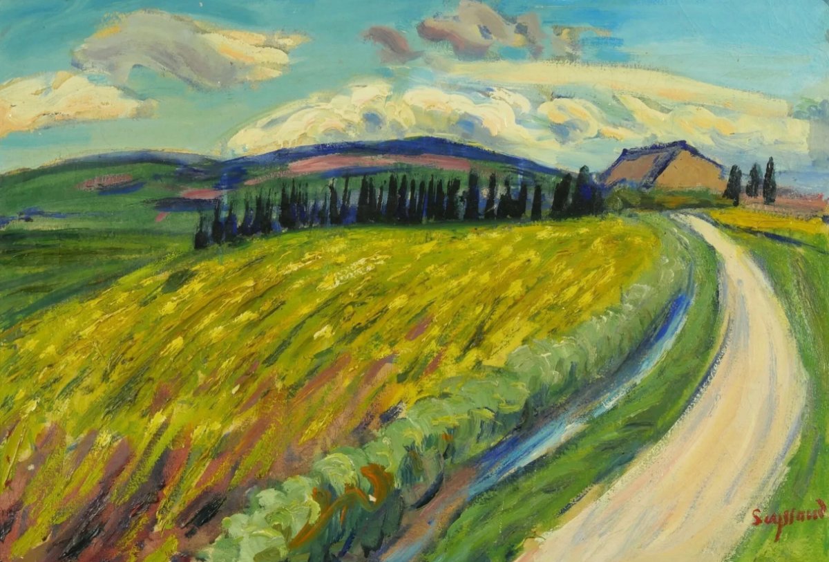 Cyprès et fleurs jaunes