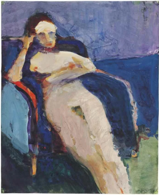 Sans titre (femme nue dans un fauteuil bleu), 1959 - gouache sur papier
