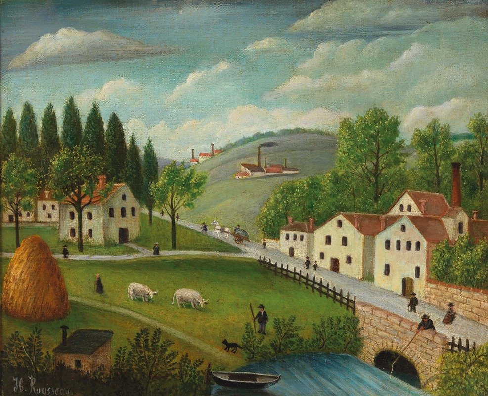  Paysage pastoral avec ruisseau, pêcheur et promeneurs (vers 1875-1880)