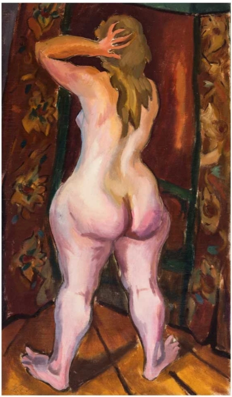 Nu féminin (Ilse) debout avec un drap vert