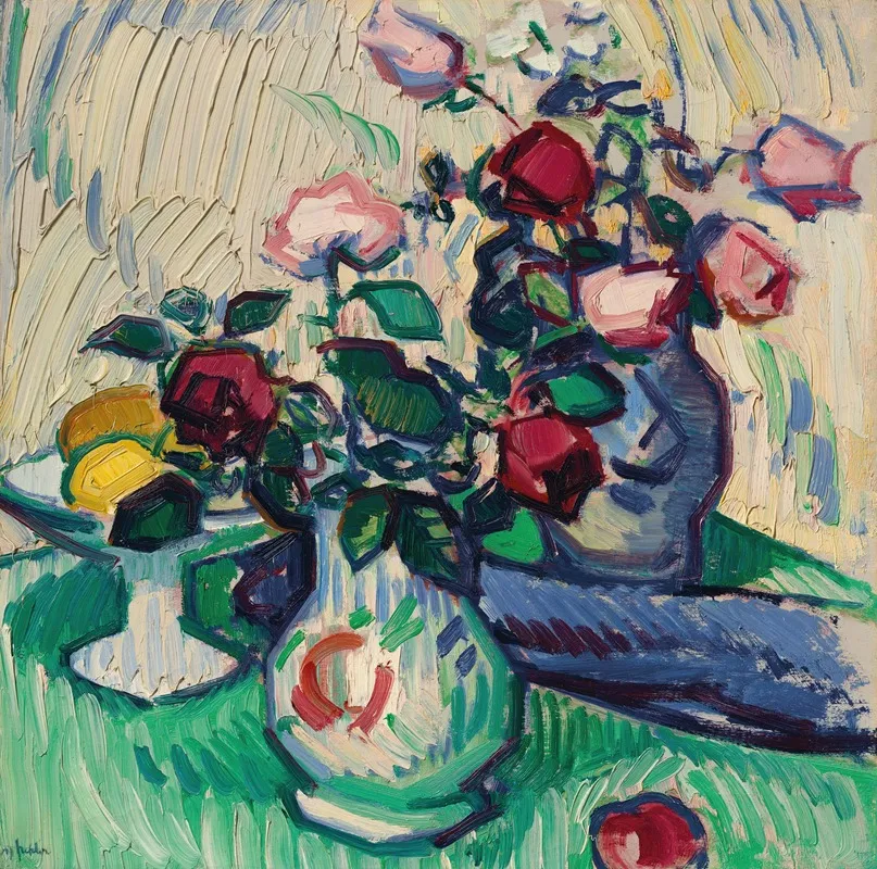 Fruits et roses sur un plateau de table (vers 1912)