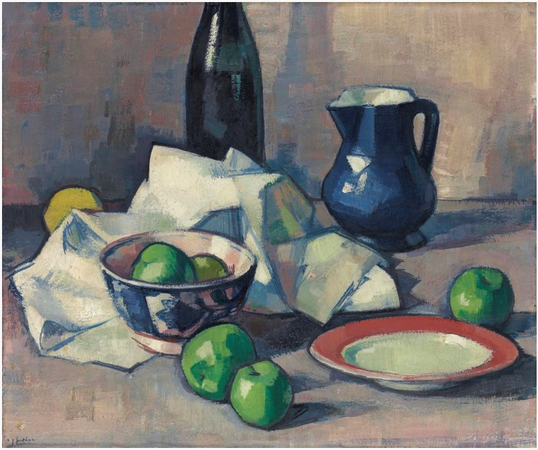 Bouteille noire, serviette et pommes vertes