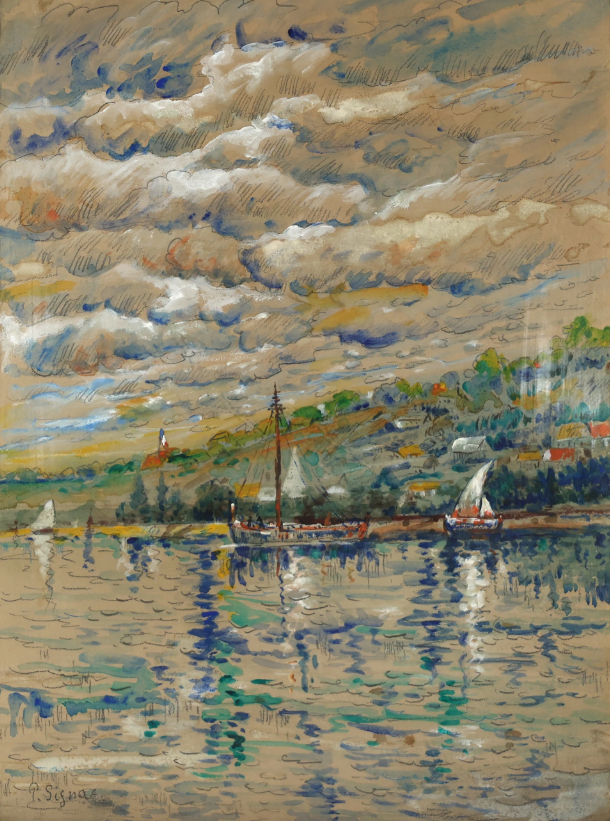 Voiliers au port, gouache et crayon