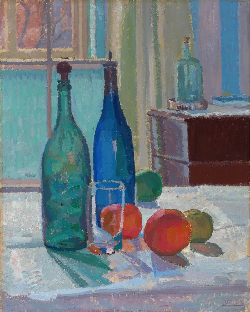 Bouteilles et oranges bleues et vertes (vers 1914)