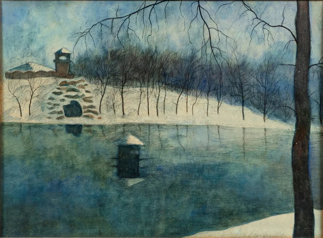 Le parc Léopold d’Ostende avec l’étang et le Trinkhall, sous la neige (1915)