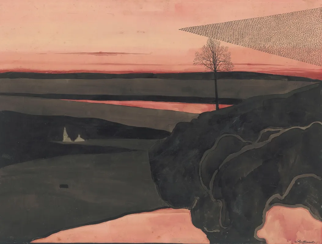 Paysage à la lumière rouge du soir avec oiseaux migrateurs (1919)