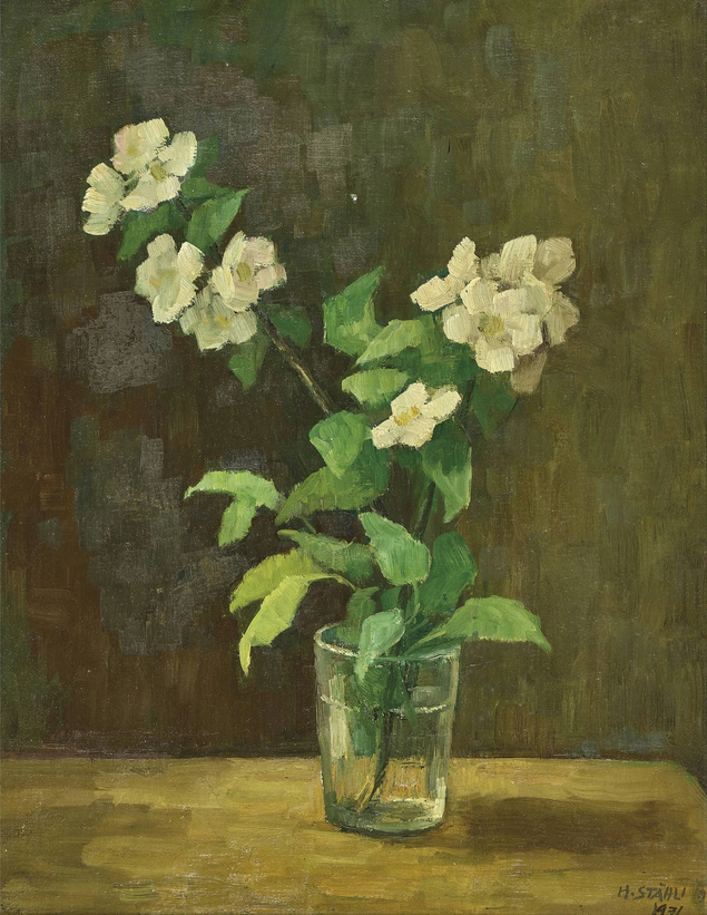 Nature morte avec branche fleurie dans un verre d'eau, 1971 