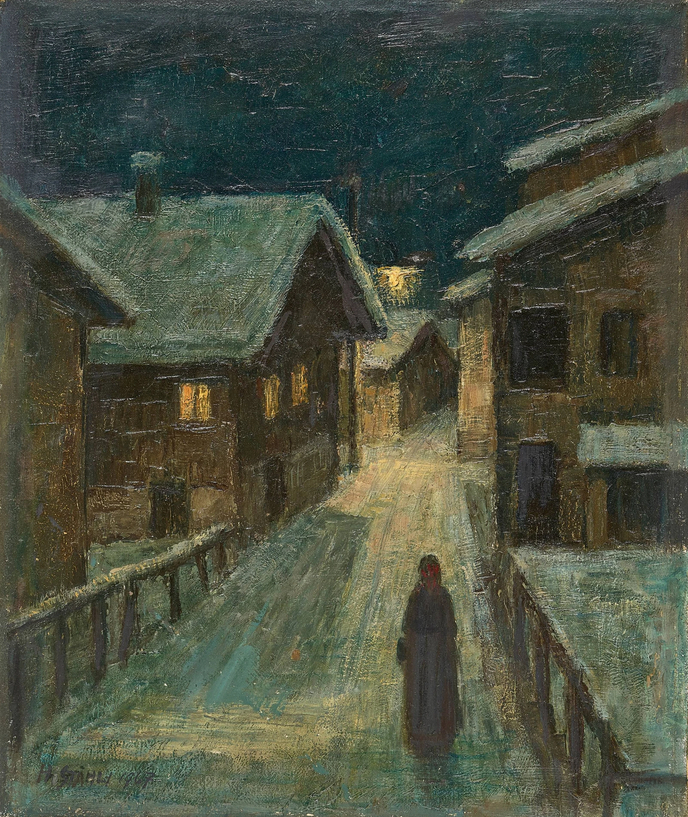 Rue de village nocturne en hiver, 1967 