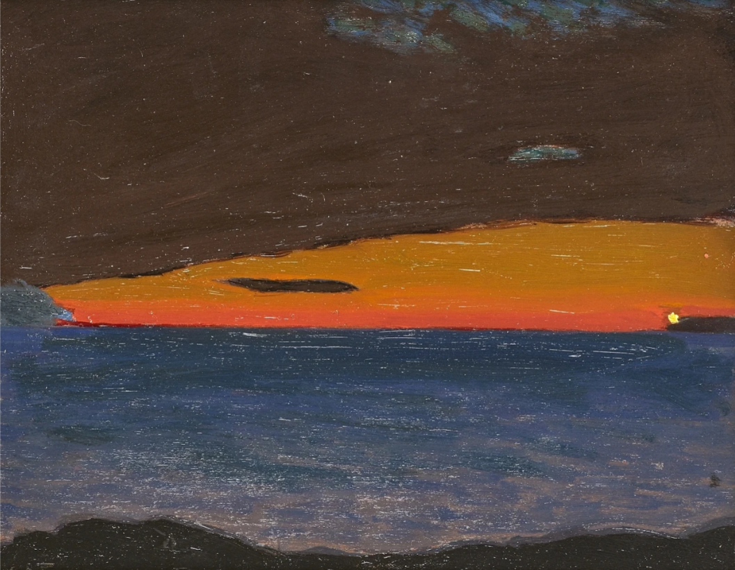 Coucher de soleil dans l'archipel avec phare, vers 1900