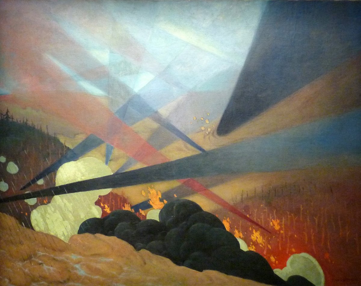 Verdun, tableau de guerre interpreté, projections colorées, noires, bleues et rouges, terrains dévastés, nuées de gazon, 1917