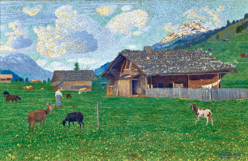 Paysanne avec chèvres, moutons et vaches près d'Adelboden, 1910