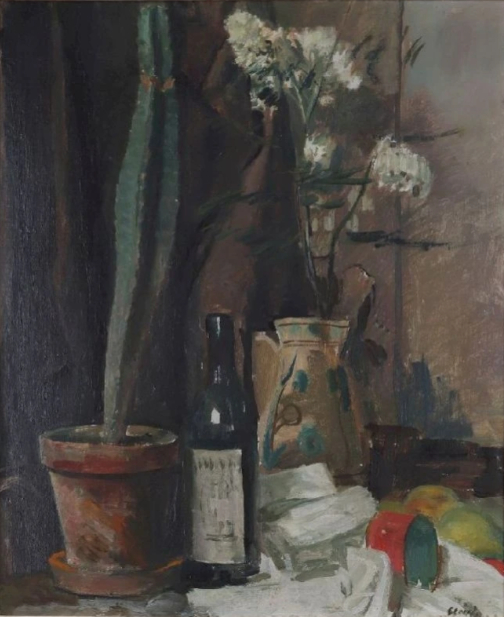 Nature morte avec bouteille de vin, cactus et branches