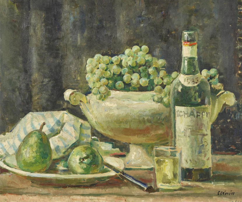 Nature morte avec fruits et bouteille de vin