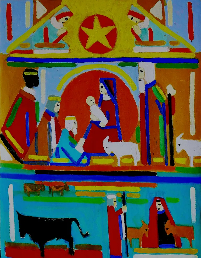 Motif de Noël - une peinture avec des personnages très abstraits - 36 x 47 cm