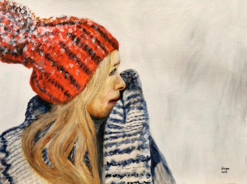 Portrait d&#039;une jeune fille avec un bonnet et des mitaines - Réf. CS2421