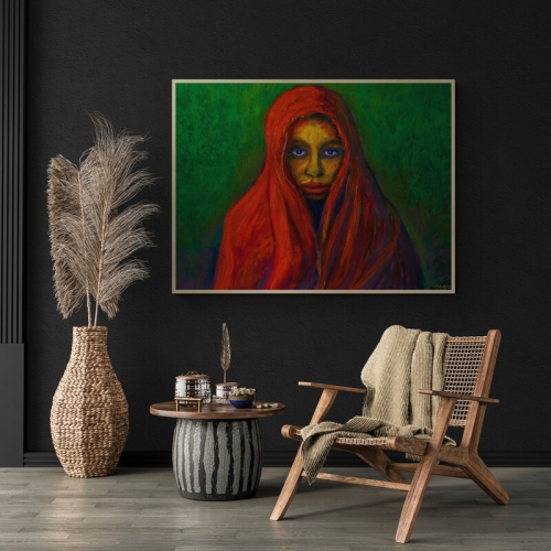 Portrait d&#039;une femme enrobée d&#039;un châle rouge sur fond vert - Réf. CS1420