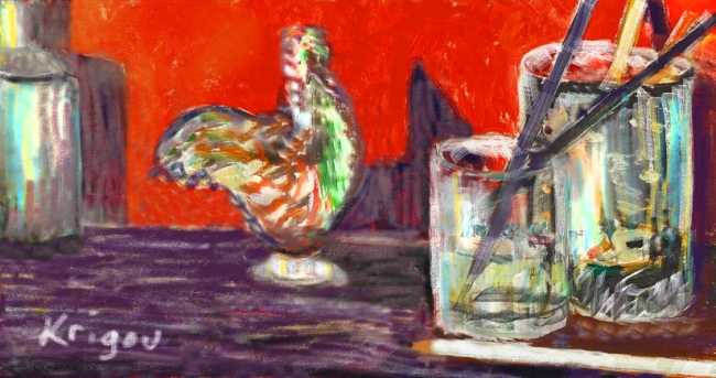 Nature morte avec babiole, parfum, crayons et pinceaux dans deux verres – réf. CS10425DP