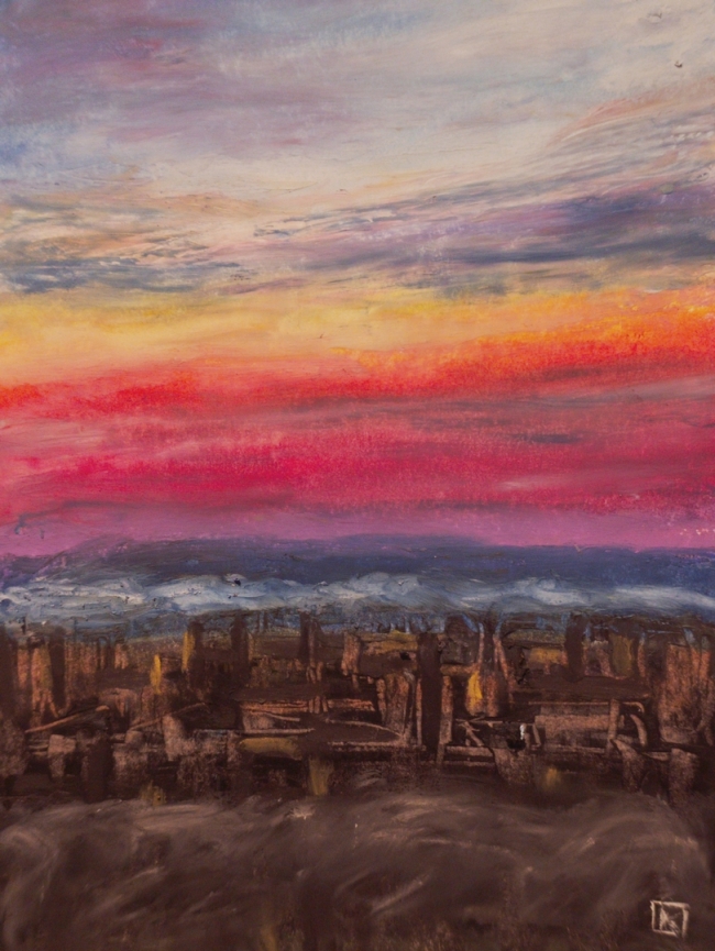 Coucher de soleil sur la ville - Pastels à l'huile, 11 x 17, réf. CS13126