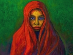 Portrait d&#039;une femme enrobée d&#039;un châle rouge sur fond vert - Réf. CS1420