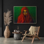 Portrait d&#039;une femme enrobée d&#039;un châle rouge sur fond vert - Réf. CS1420